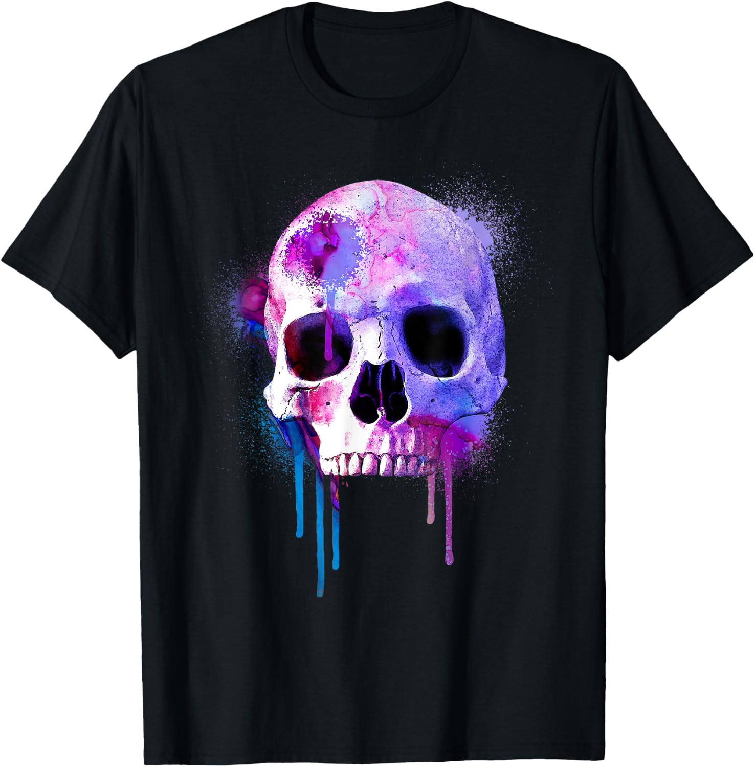 Colorful Human Skeleton Skull Watercolor with Paint Drips T-Shirt - T-Shirt | Black