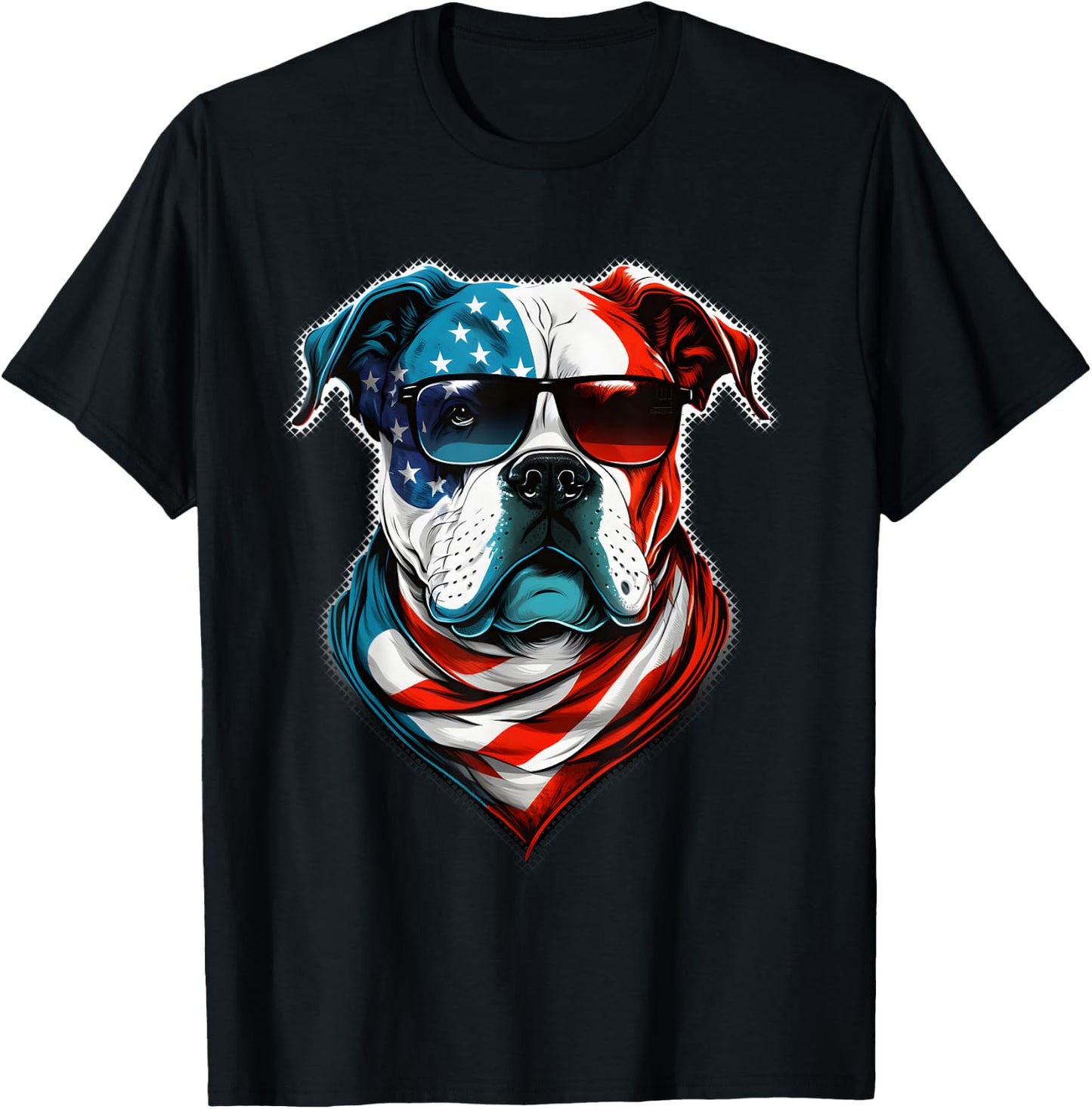American Bulldog Dog Red White Blue American Flag Sunglasses T-Shirt - T-Shirt | Black