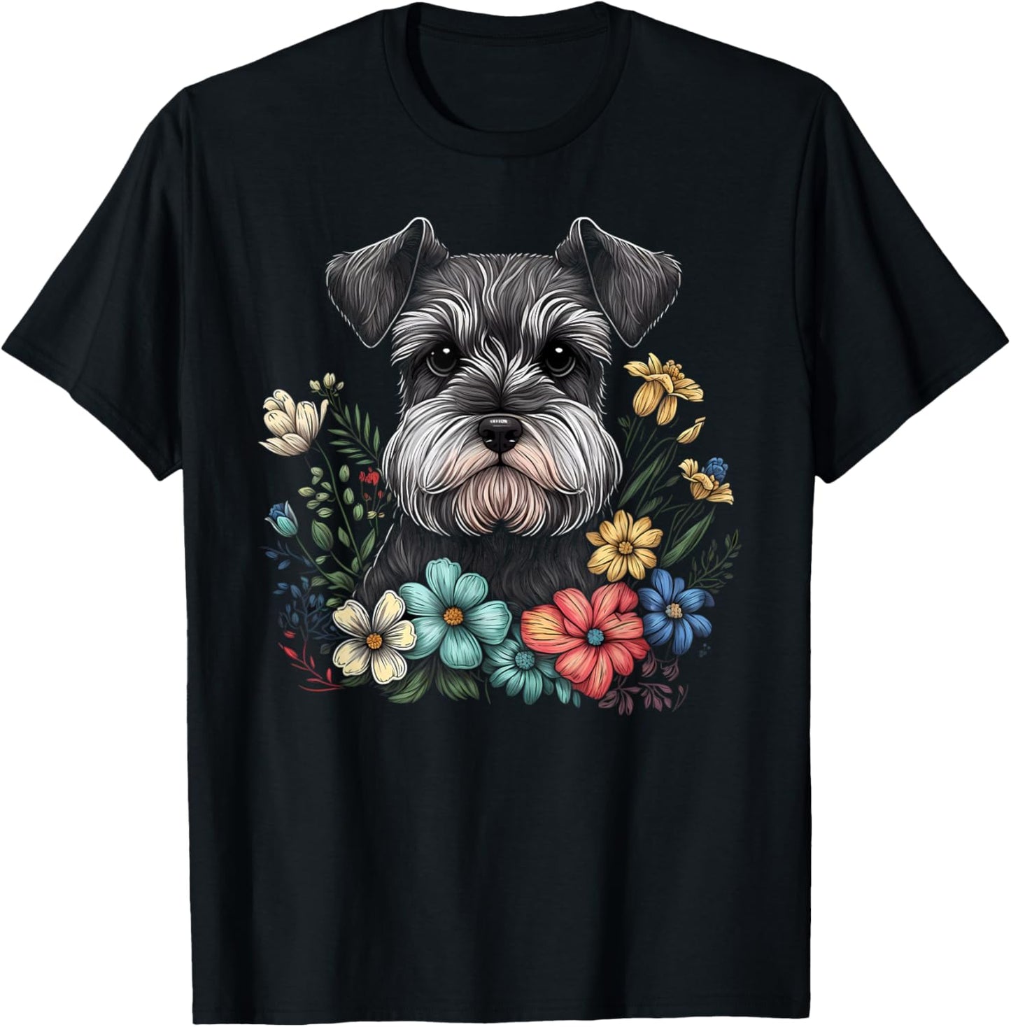 Miniature Mini Schnauzer Floral Garden Dog Art with Flowers T-Shirt - T-Shirt | Black