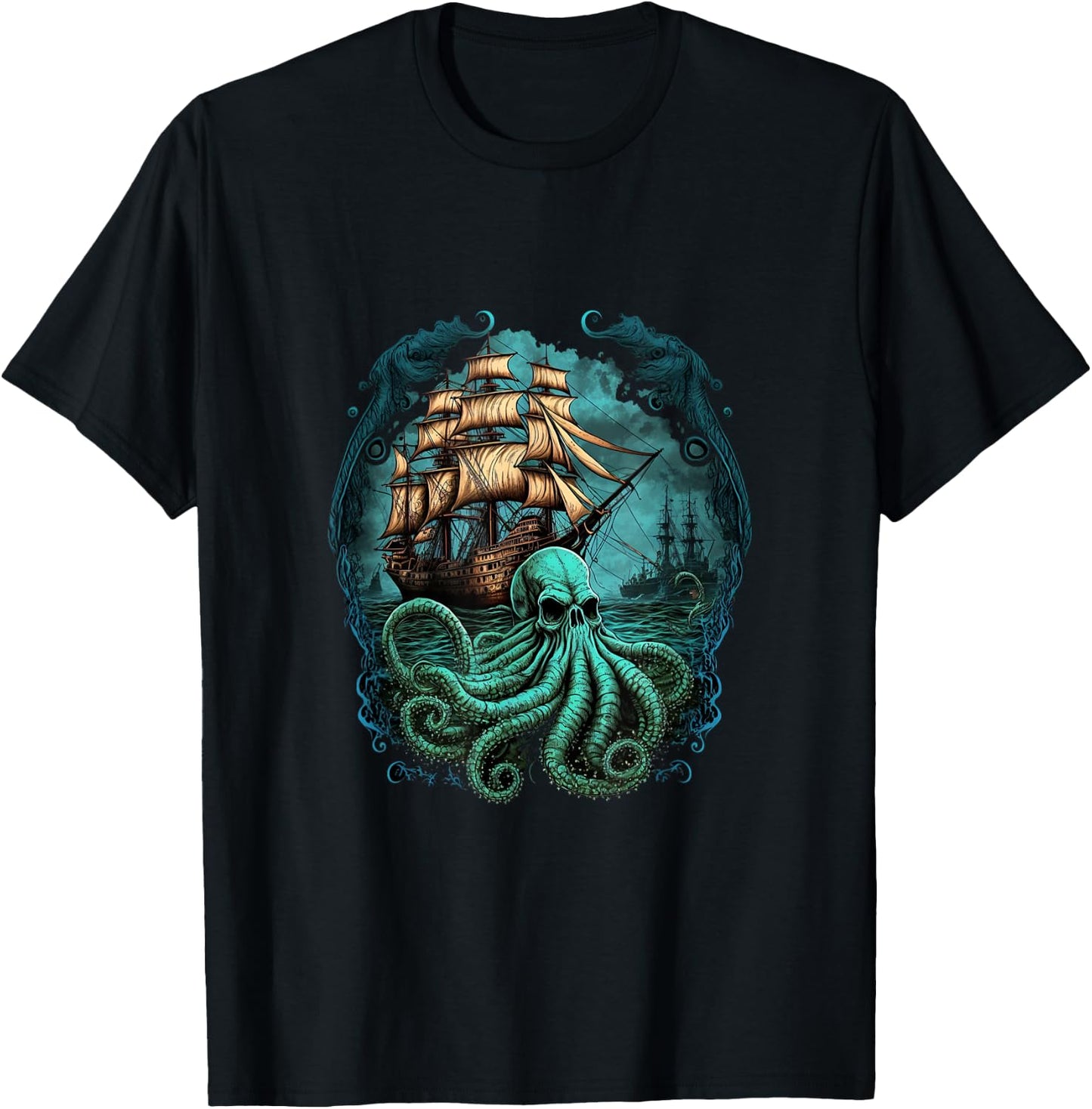 Octopus Kraken Pirate Ship Sailing T-Shirt - T-Shirt | Black