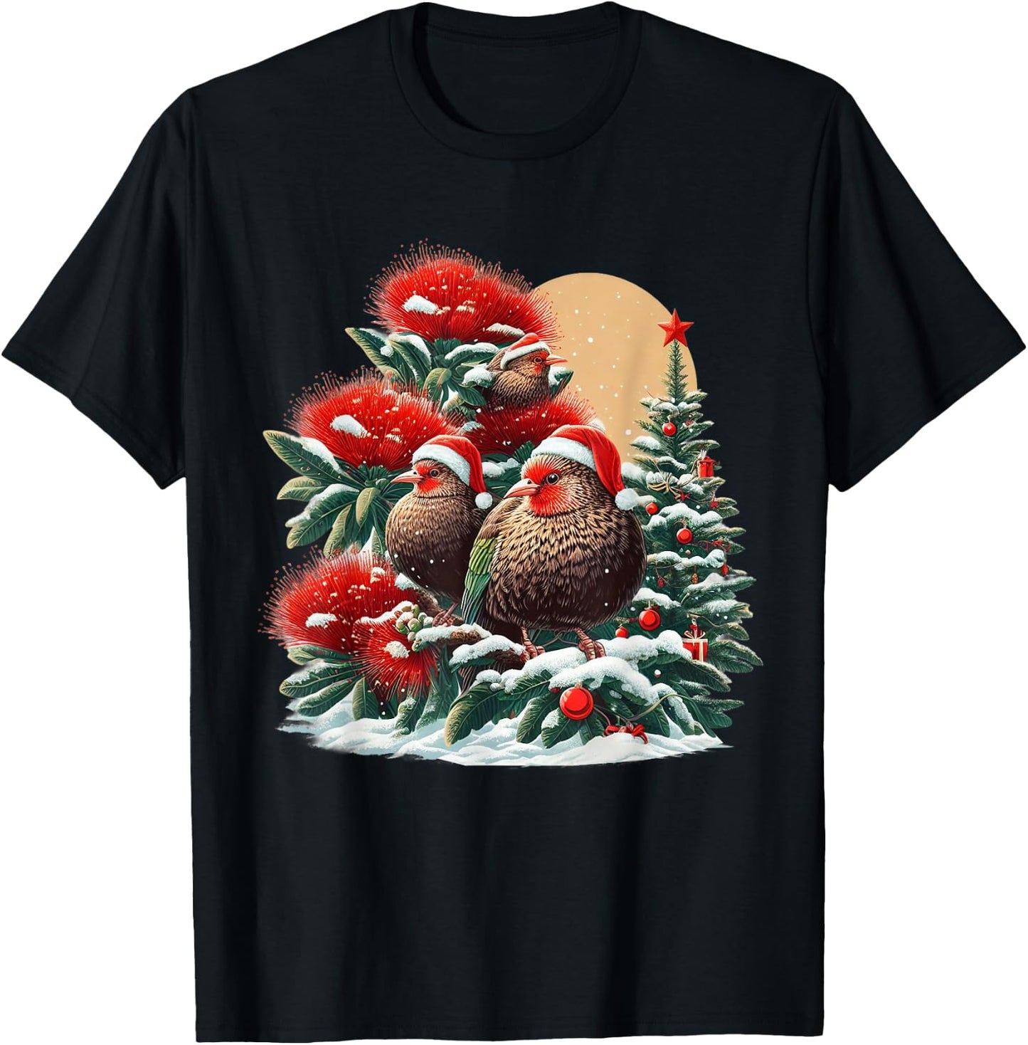 Christmas Pohutukawa Tree New Zealand Kiwi Birds Santa Hat T-Shirt - T-Shirt | Black