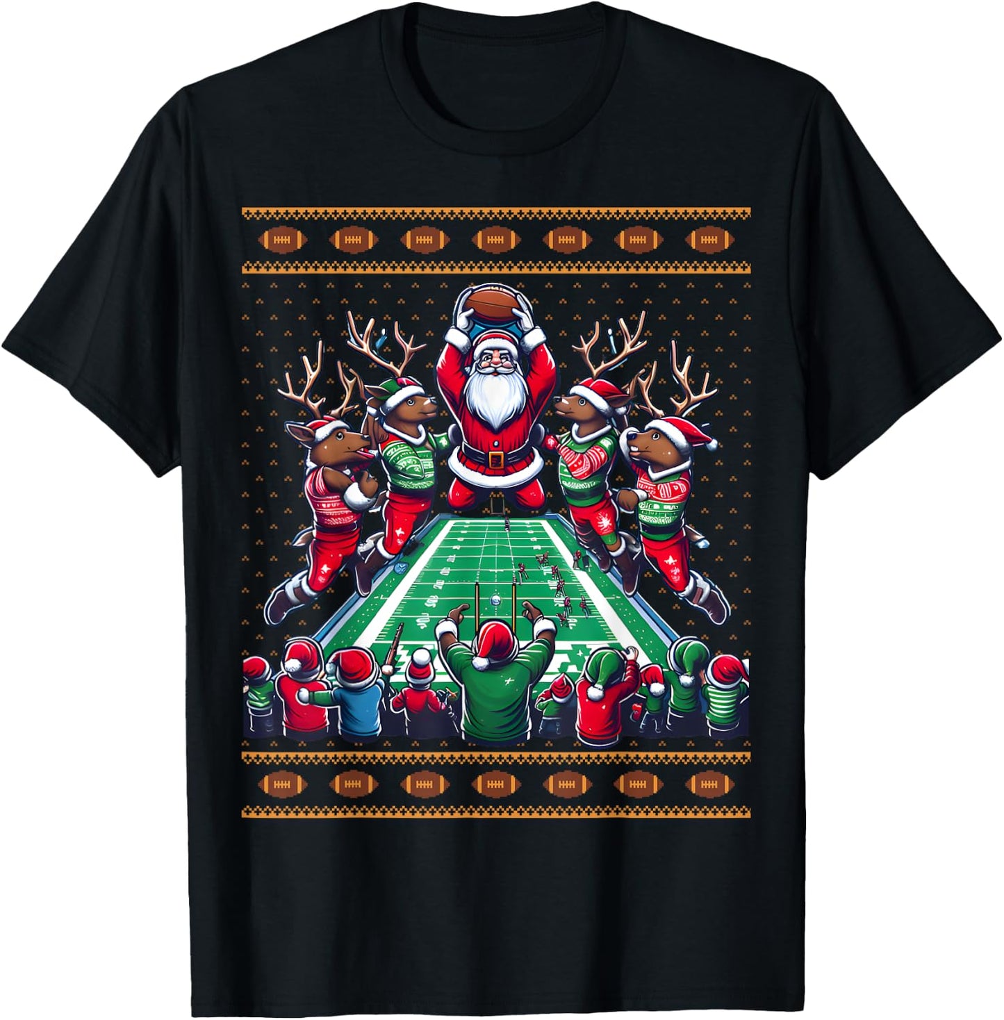 Santa Reindeer Play American Football Christmas Football Fan T-Shirt - T-Shirt | Black