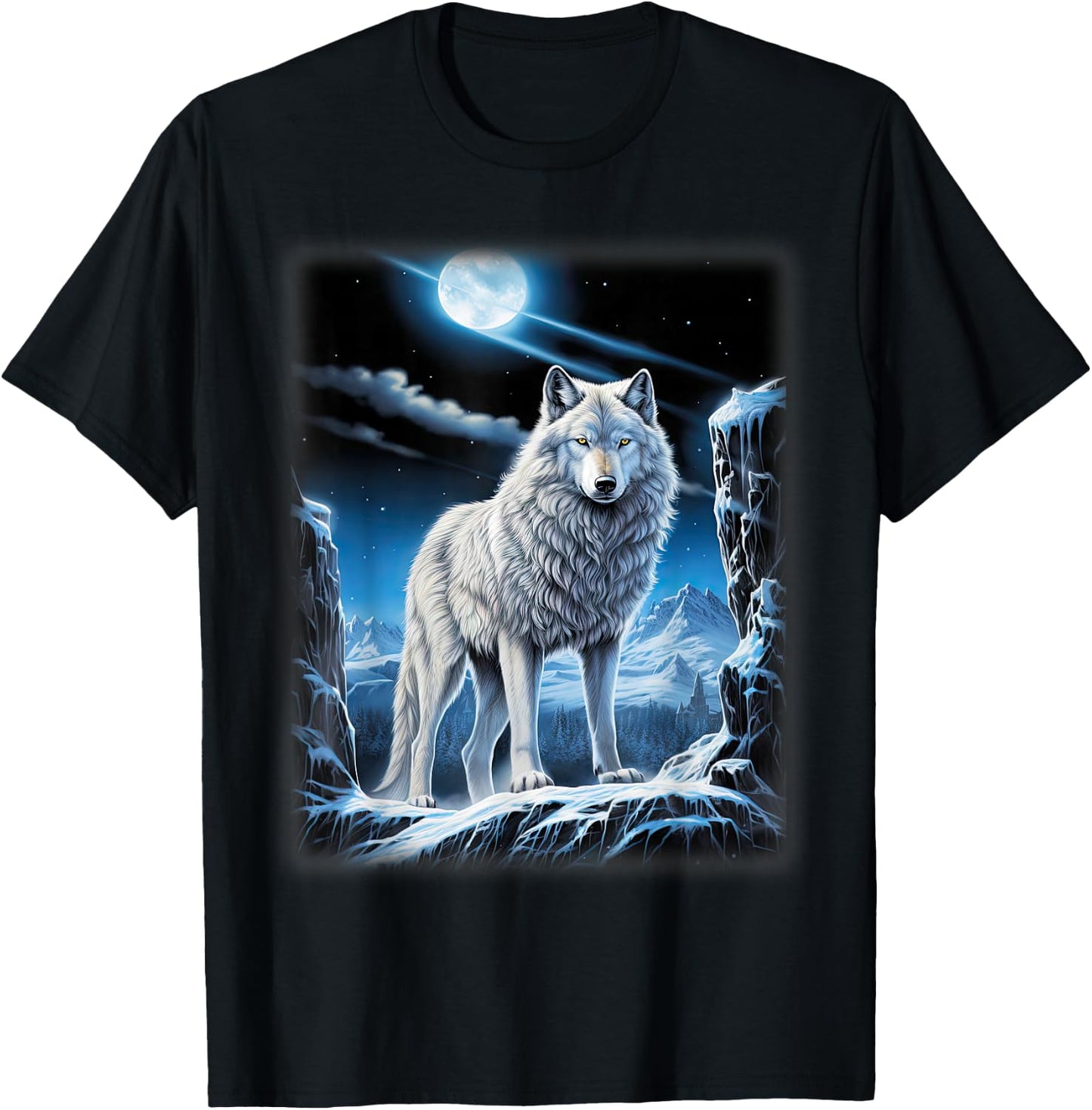 White Wolf standing on a snowy hill Forest Fantasy Nature T-Shirt - T-Shirt | Black
