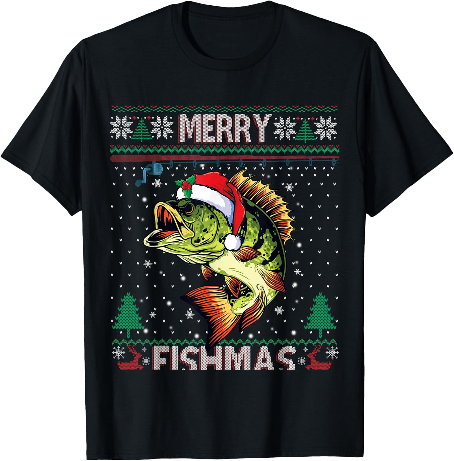 Merry Fishmas Bass Fish Fishing Christmas Ugly Sweater Xmas T-Shirt - T-Shirt | Black