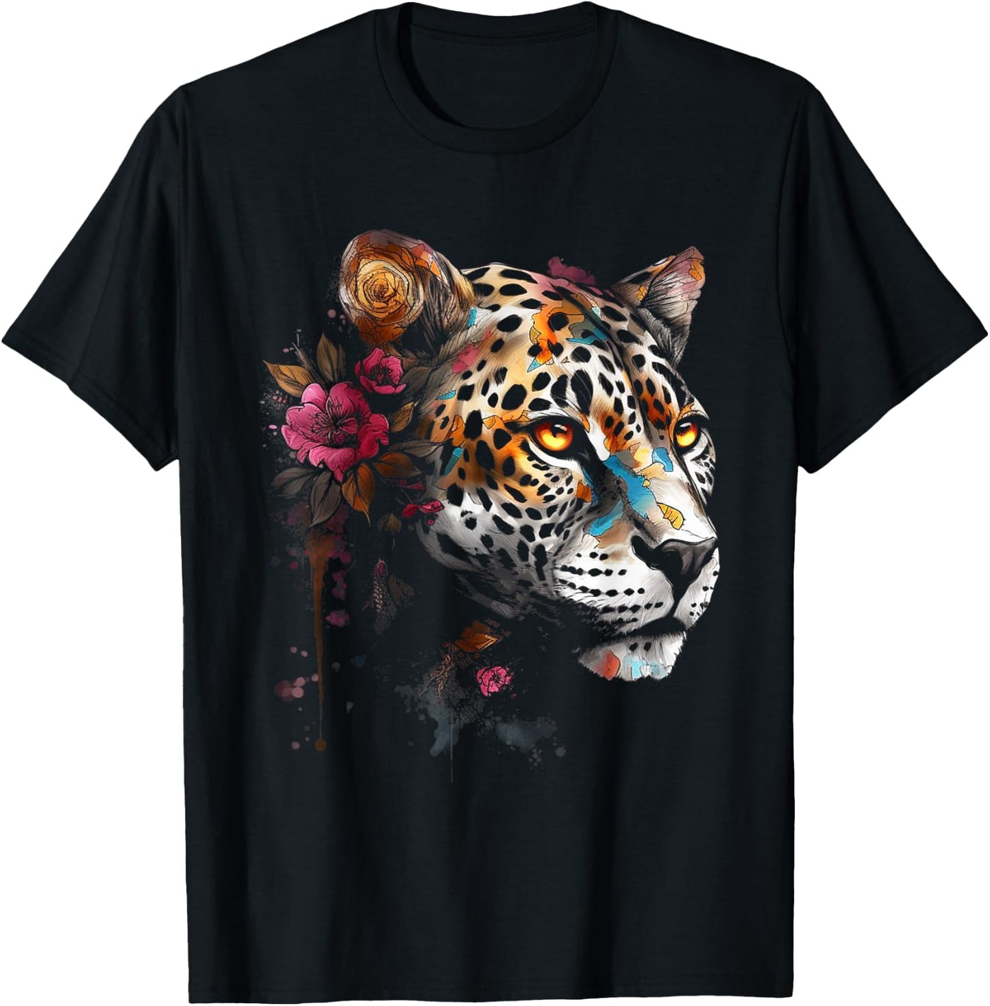 Leopard Flowers Art - Animal Leopard T-Shirt - T-Shirt | Black