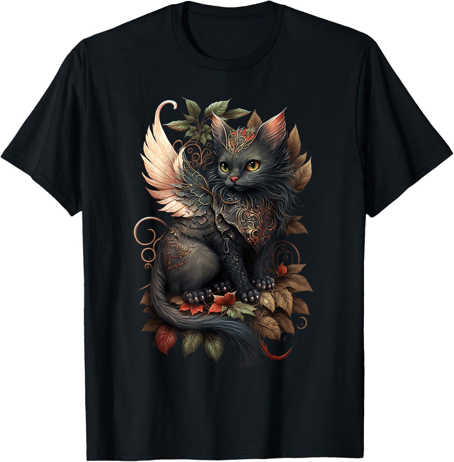 Mystical Black Cat Dragon Fairy: Copper Autumn Whimsy Men Women Girls Kids T-Shirt - T-Shirt | Black