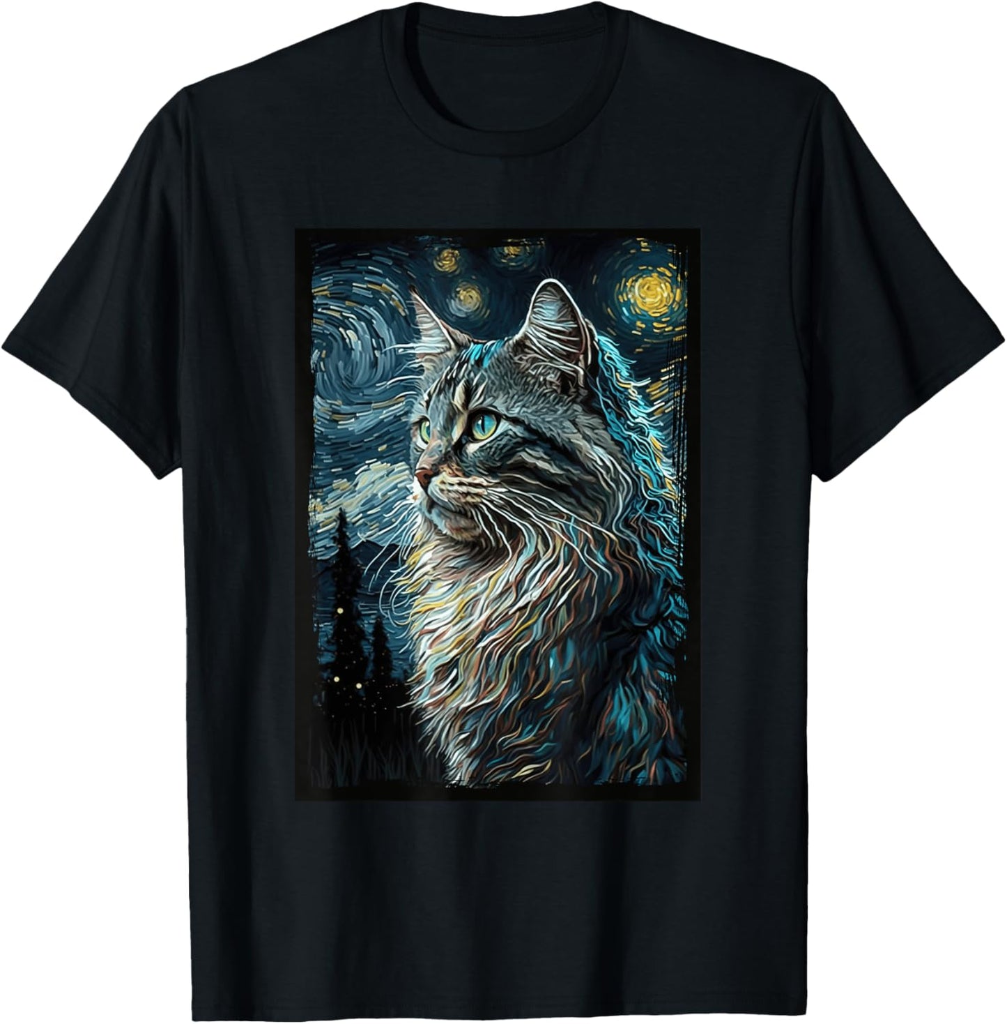 Maine Coon Cat Van Gogh's Starry Night Cat Lover Cat Mom Dad T-Shirt - T-Shirt | Black