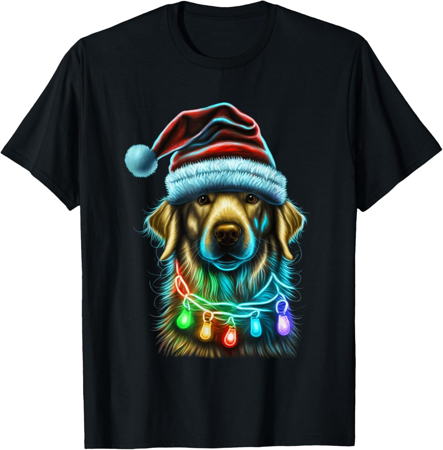 Golden Retriever Funny dog Christmas Santa Hat lights tree Men Women Kids T-Shirt - T-Shirt | Black