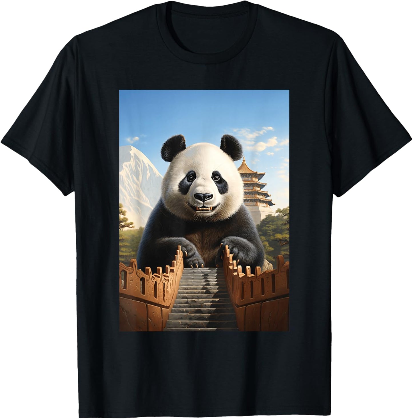 Animal Art Panda Chinese Architecture Large Panda T-Shirt - T-Shirt | Black