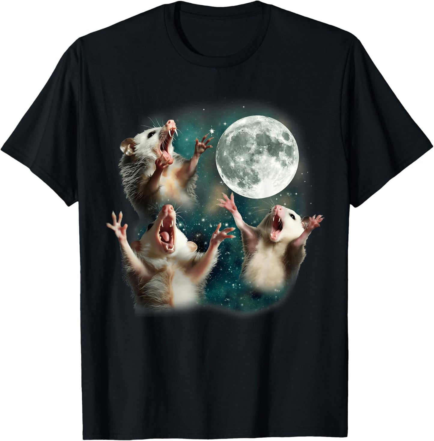 Three Possum Moon | 3 Opossum Funny Weird Cursed Meme T-Shirt - T-Shirt | Black