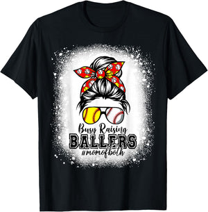 Messy Bun Mom Of Both Baseball Softball Busy Raising Ballers T-Shirt - T-Shirt | Black