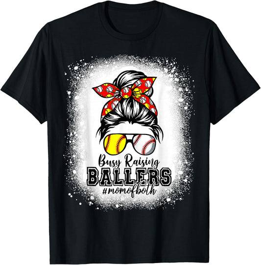 Messy Bun Mom Of Both Baseball Softball Busy Raising Ballers T-Shirt - T-Shirt | Black