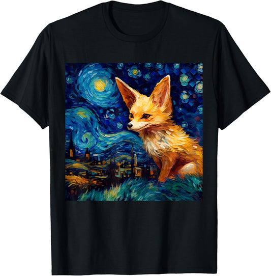 Surreal Starry Night Fennec Fox T-Shirt - T-Shirt | Black