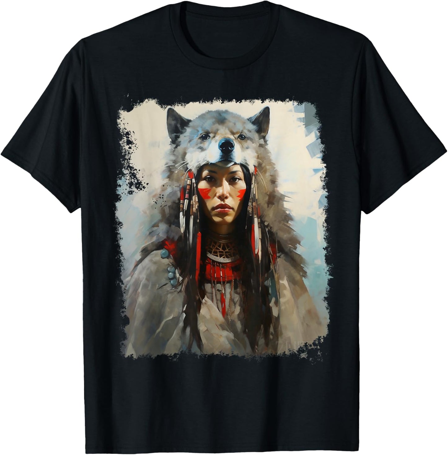Native Indian Woman Tribe Wolf T-Shirt - T-Shirt | Black