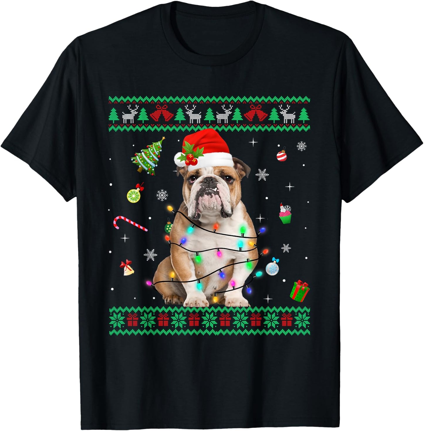 Ugly Sweater English Bulldog Dog Christmas Lights Santa Hat Women Kids T-Shirt - T-Shirt | Black