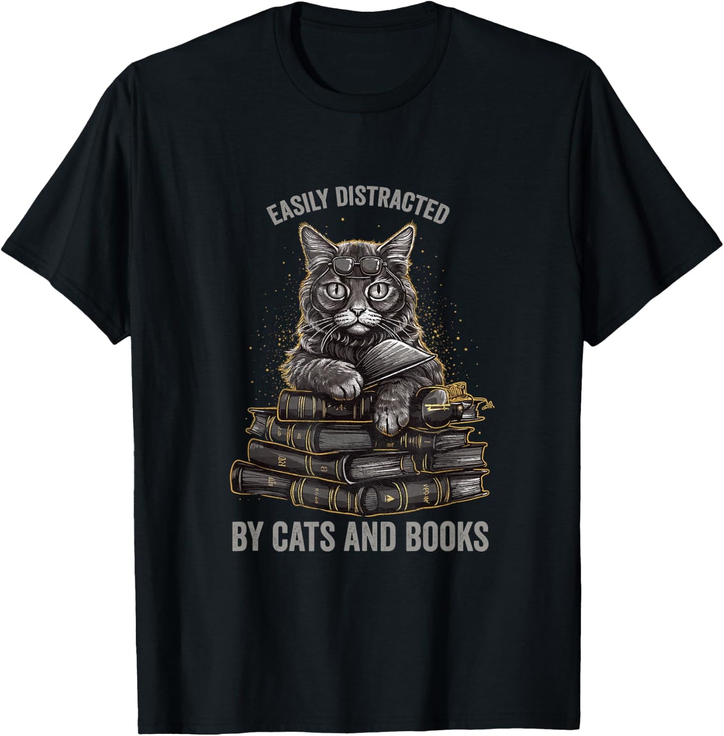 Easily Distracted by Cats and Books Book Reading Lovers T-Shirt - T-Shirt | Black