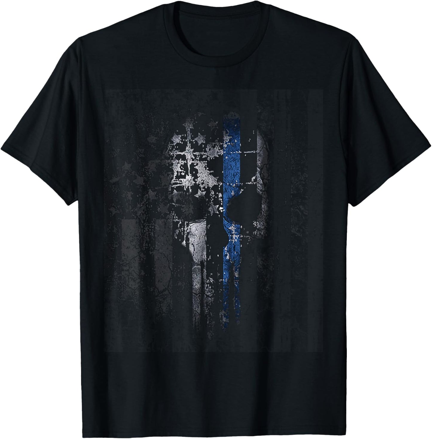 Police Thin Blue Line Support Gift USA Flag Skull T-Shirt - T-Shirt | Black