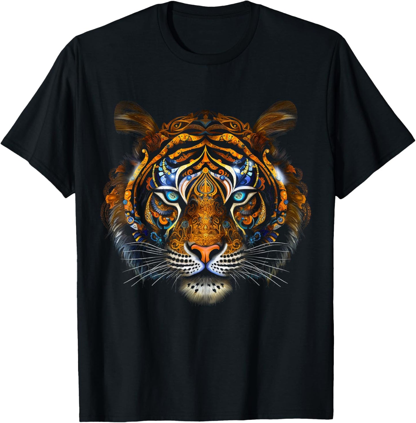 Tiger Mandala Blue Eyes - Artwork | Animal Motif Tiger T-Shirt - T-Shirt | Black
