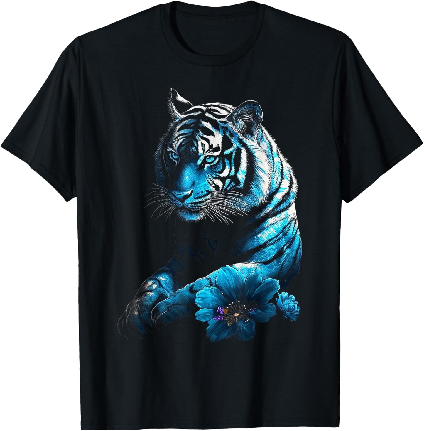 Tiger Lover Artwork | Flower Animal Motif Tiger T-Shirt - T-Shirt | Black