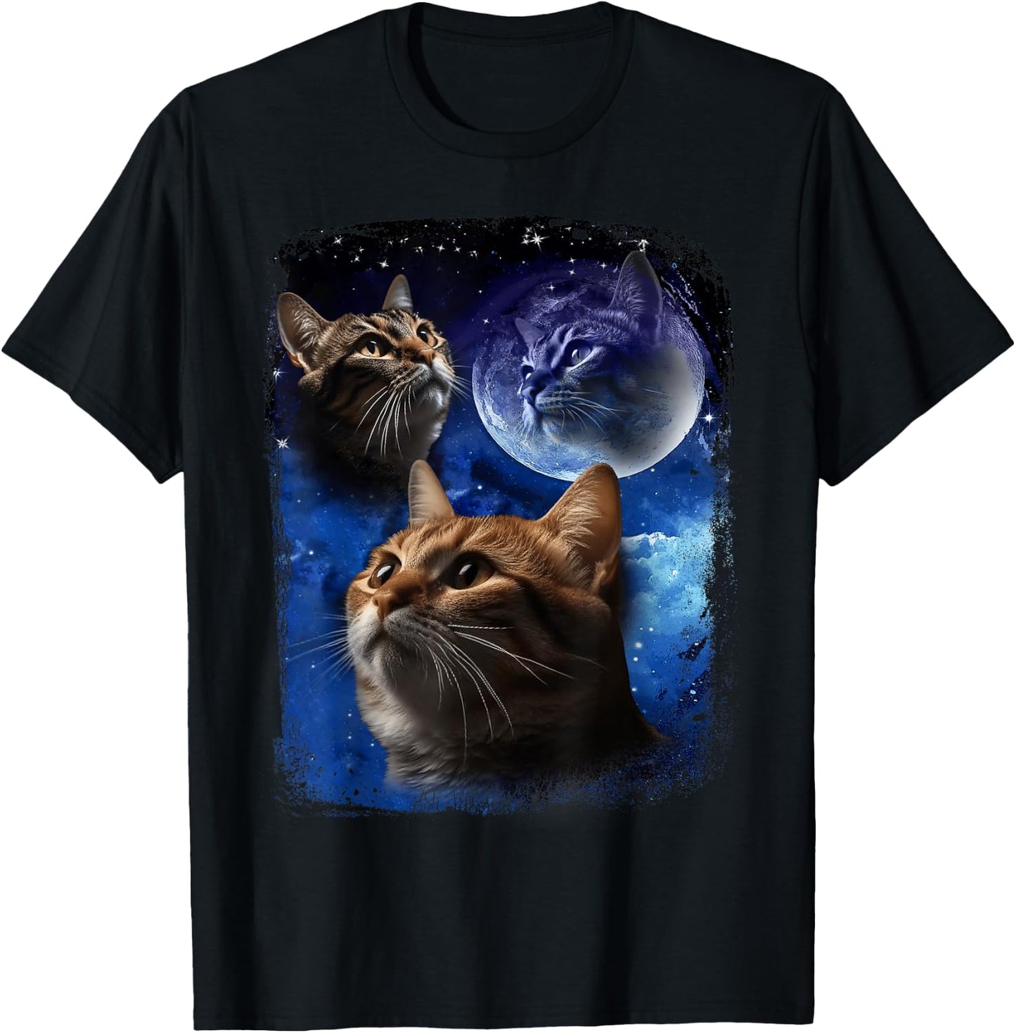 Three Cats Howl at Moon Funny Vintage Cat Howling wolf meme Men Women T-Shirt - T-Shirt | Black