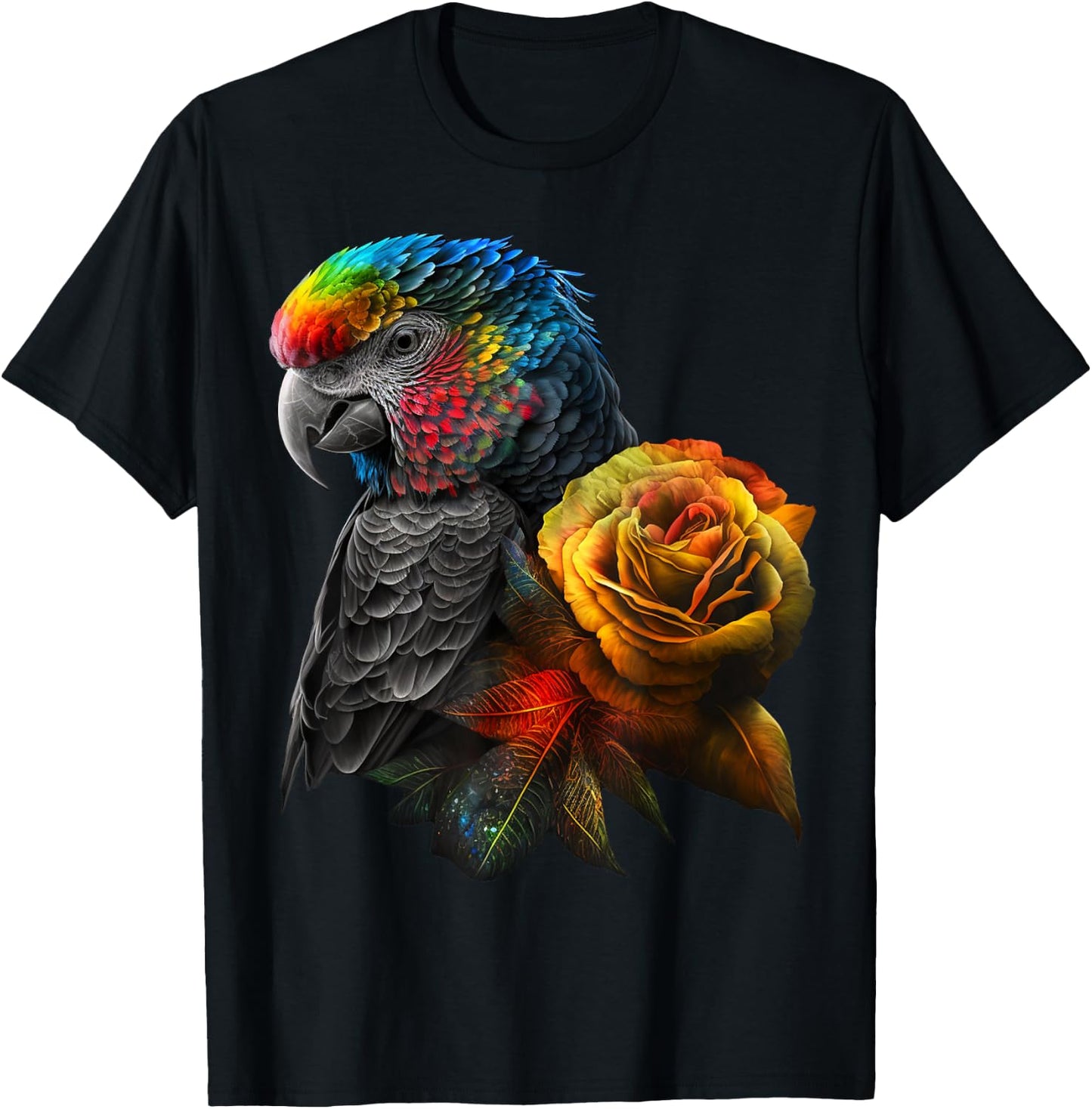 Parrot Bird Colourful Art Animal Flowers T-Shirt - T-Shirt | Black