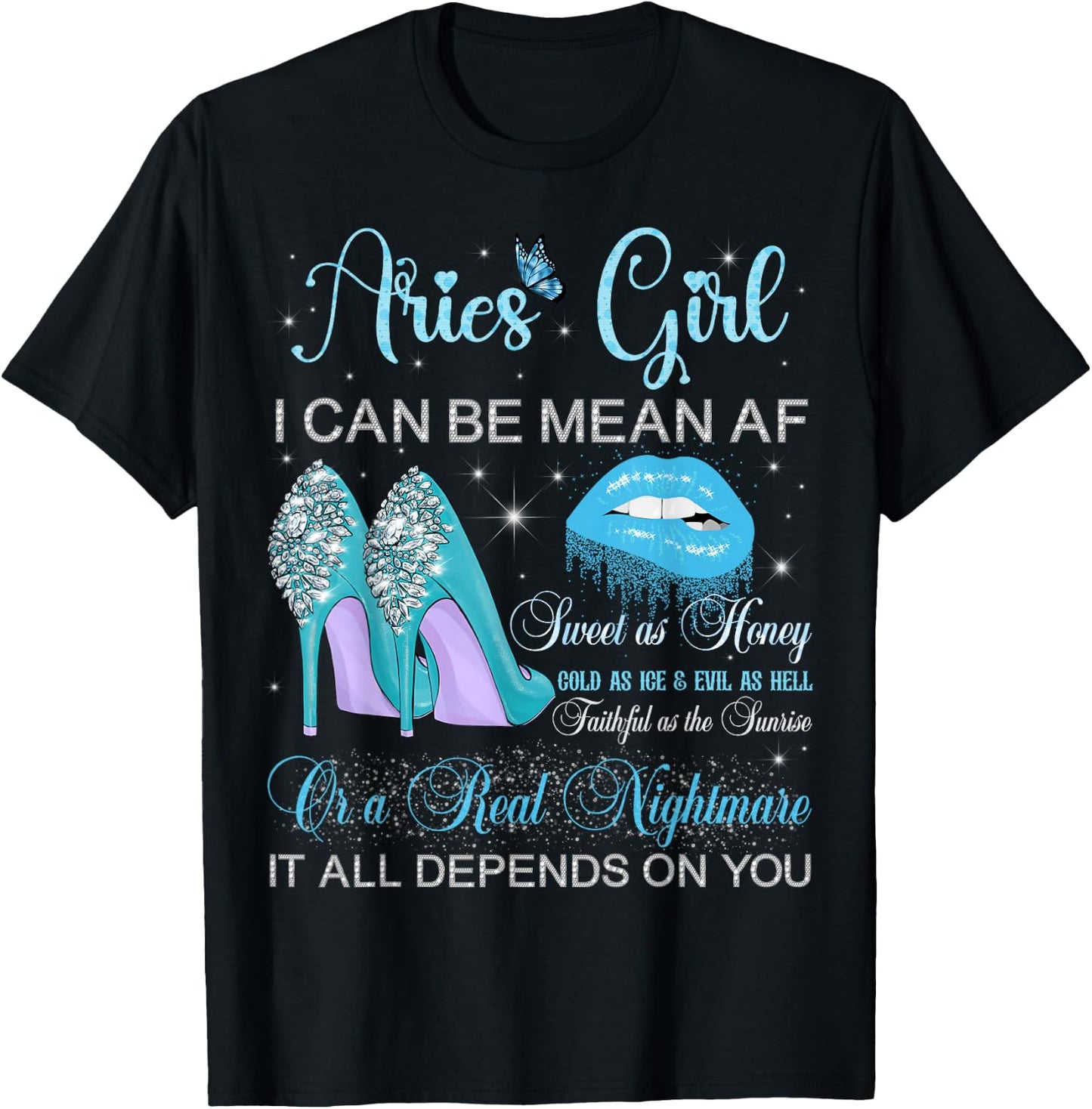 Aries Girl Birthday High Heels Dripping Lips Butterfly T-Shirt - T-Shirt | Black