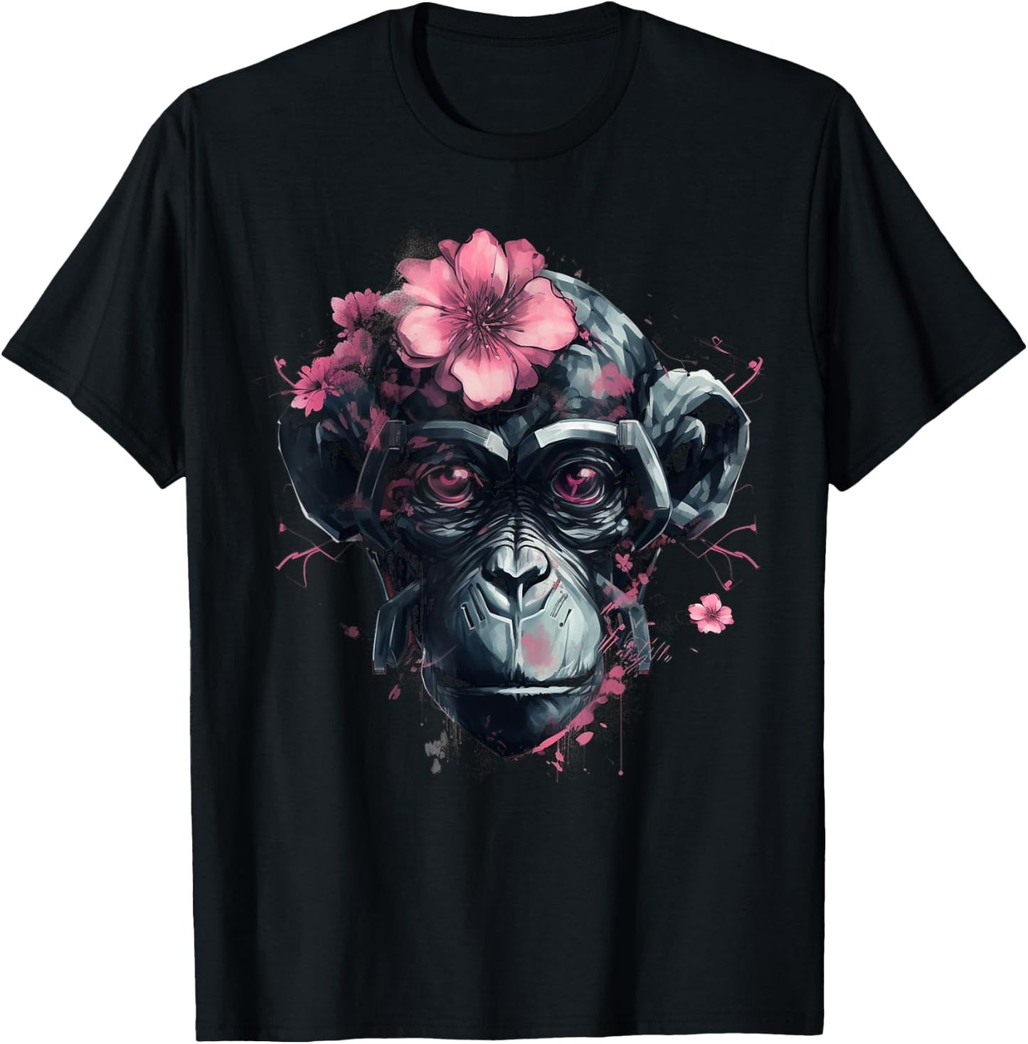 Monkey Flowers Animal Zoo - Artwork Robot Art Monkey T-Shirt - T-Shirt | Black