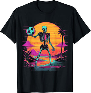 Skeleton Playing Soccer Halloween Costume Men Women Kids T-Shirt - T-Shirt | Black