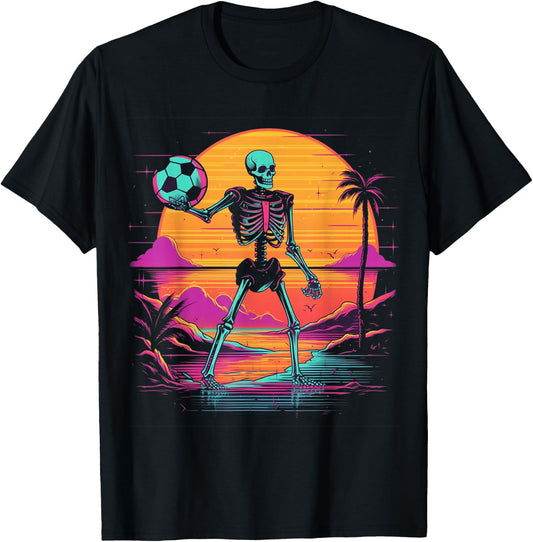 Skeleton Playing Soccer Halloween Costume Men Women Kids T-Shirt - T-Shirt | Black