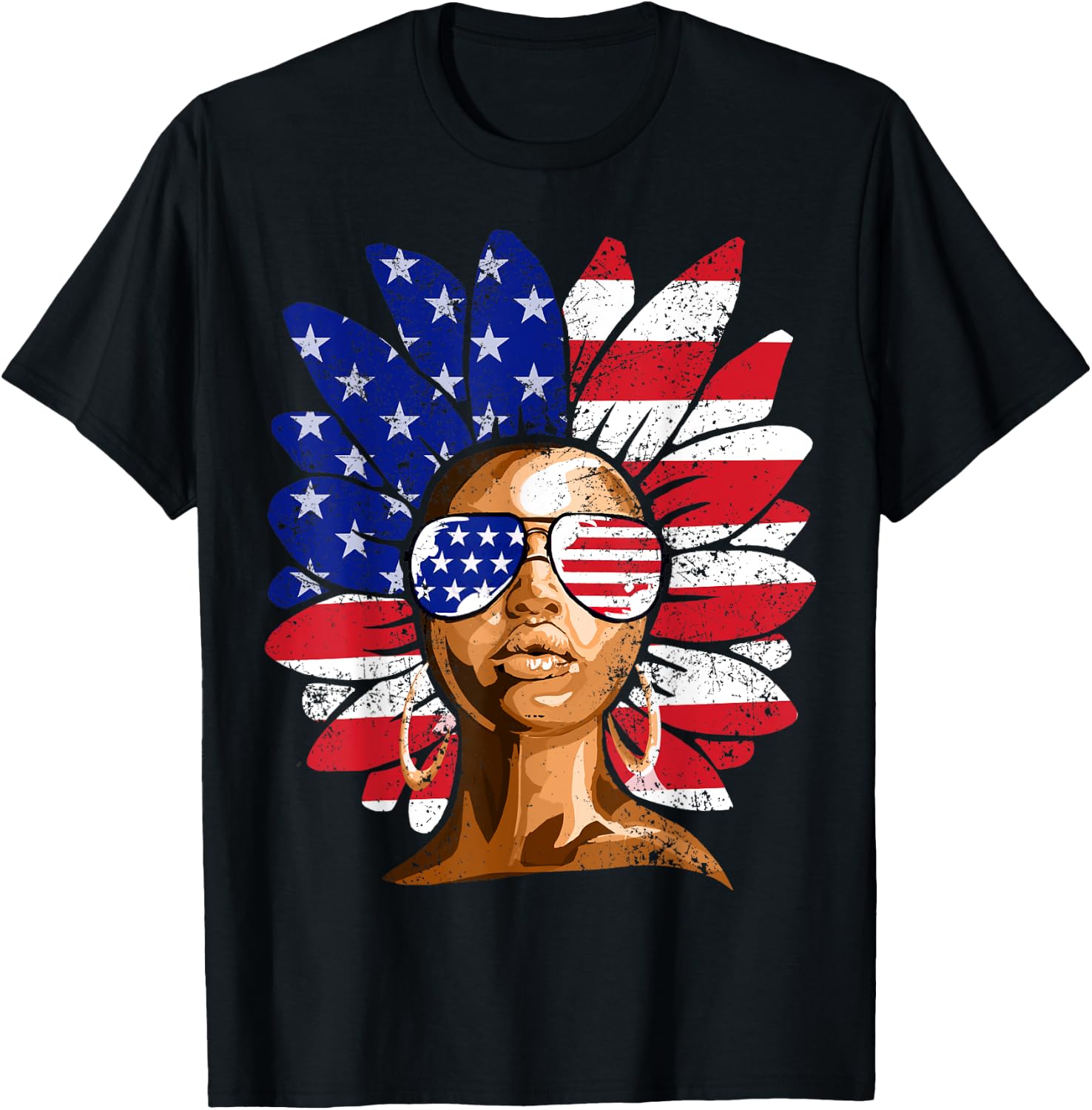 Afro Sunflower African American 4th of July Melanin T-Shirt - T-Shirt | Black