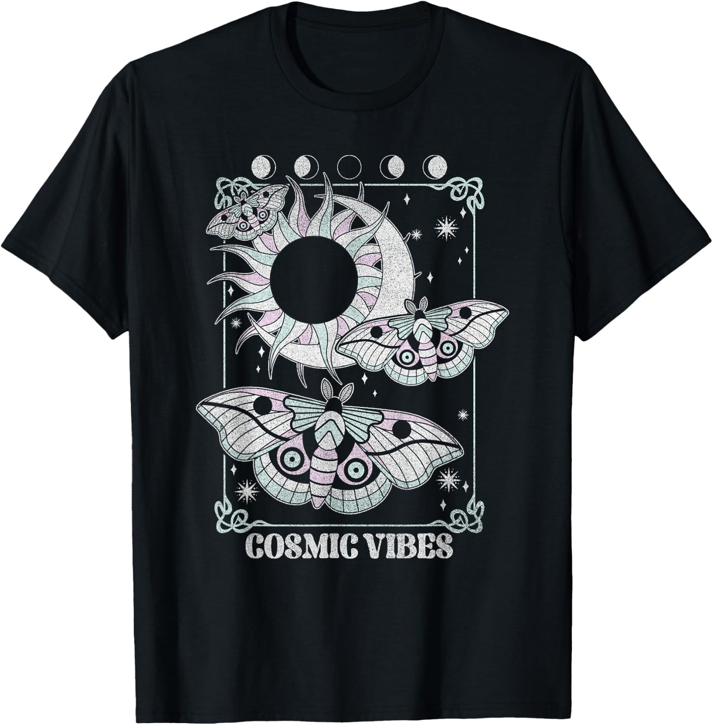 Cosmic Vibes Mystical Moths Flying Over Sun And Moon T-Shirt - T-Shirt | Black