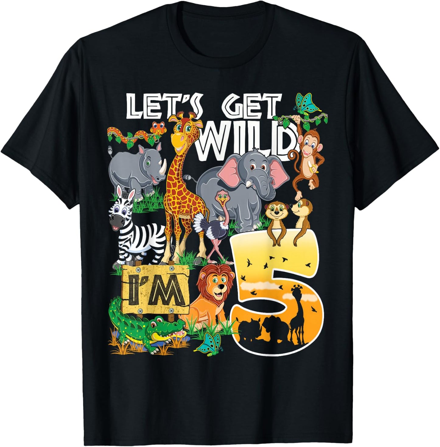 Kids Safari Zoo 5th Birthday Party Let's Get Wild I'm 5 T-Shirt - T-Shirt | Black