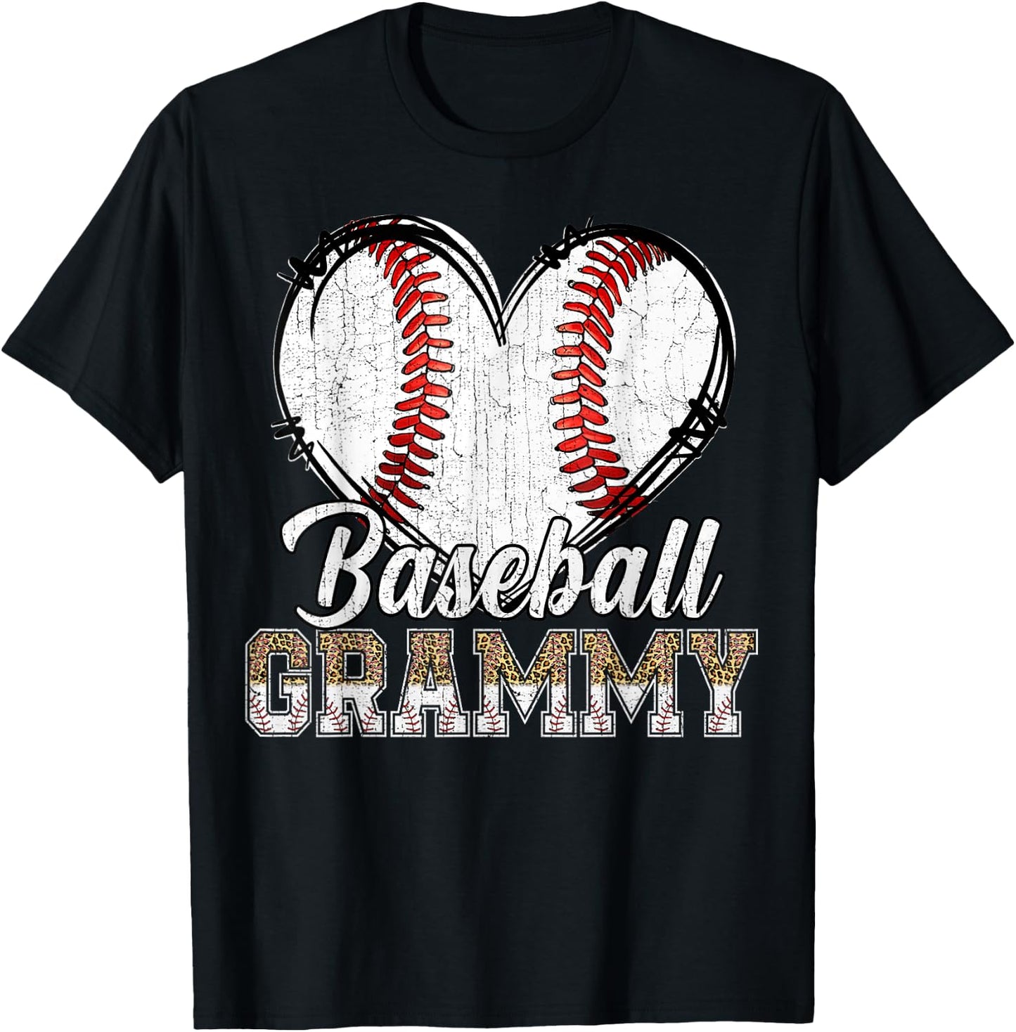 Softball Baseball Grammy Heart Leopard Print Mother's Day T-Shirt - T-Shirt | Black