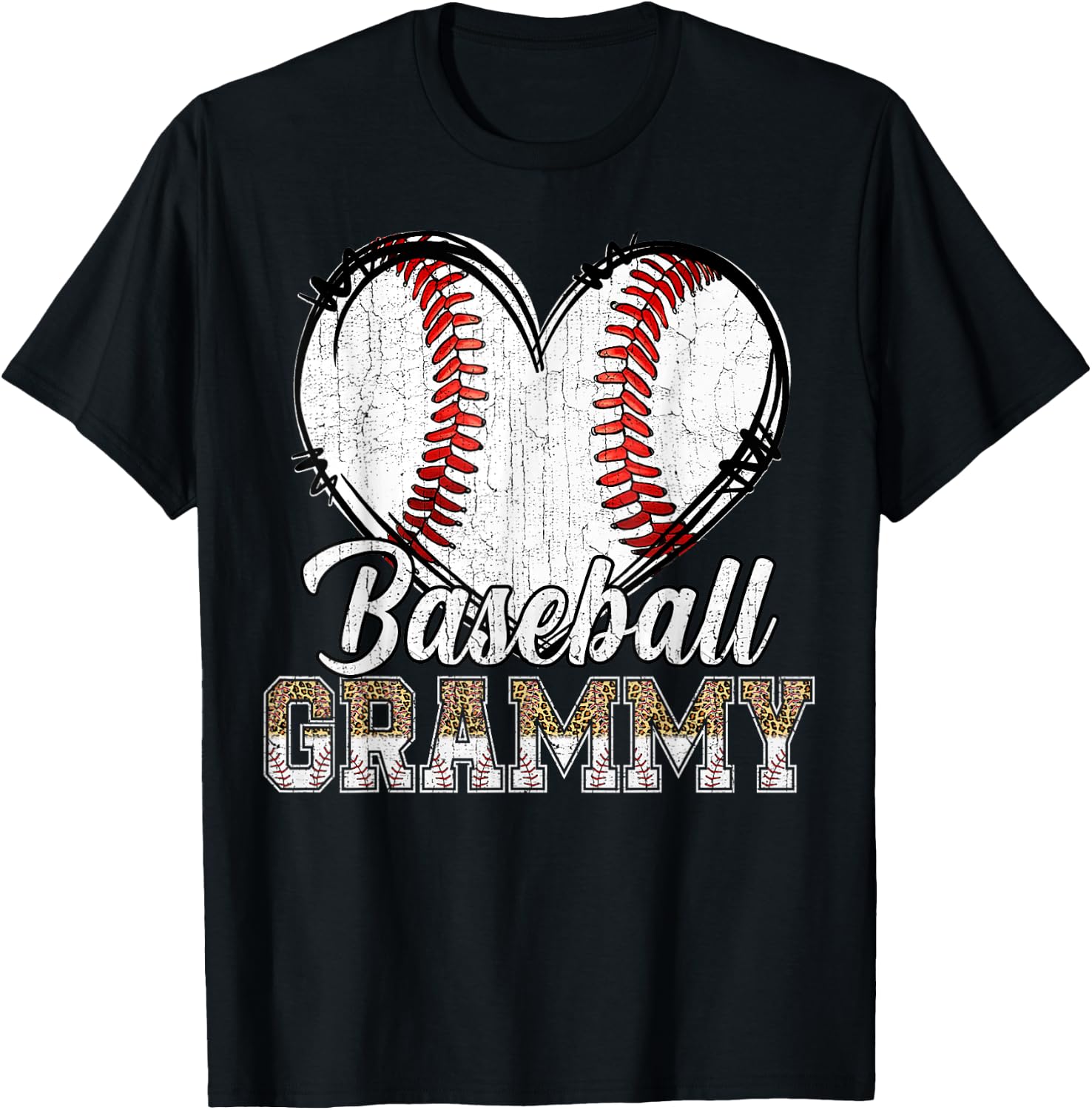 Softball Baseball Grammy Heart Leopard Print Mother's Day T-Shirt - T-Shirt | Black