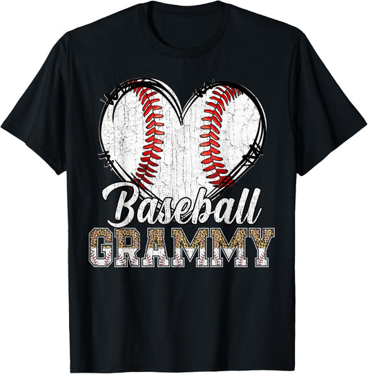 Softball Baseball Grammy Heart Leopard Print Mother's Day T-Shirt - T-Shirt | Black