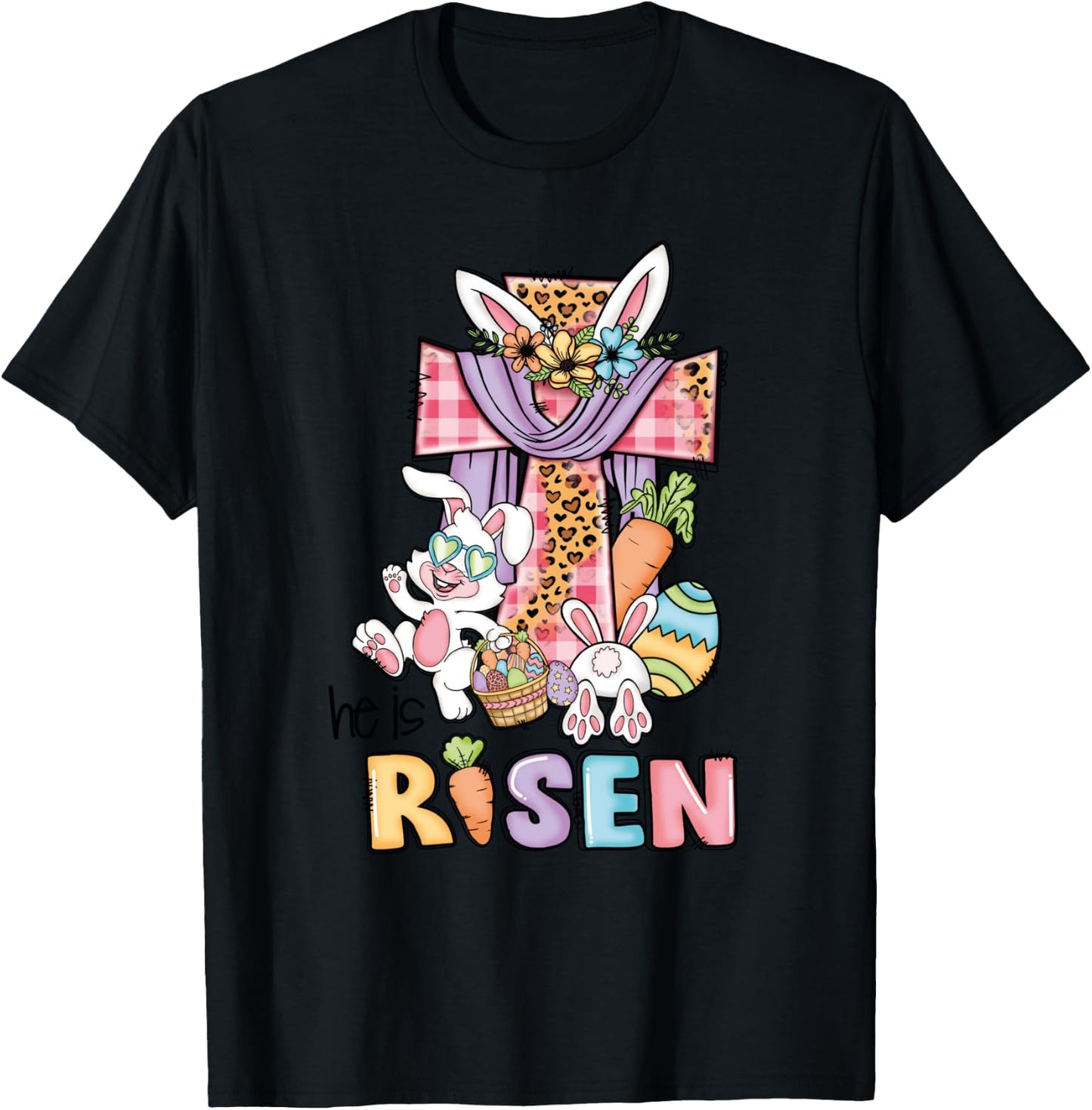He is Risen Floral Cross Vintage Happy Easter Day T-Shirt - T-Shirt | Black
