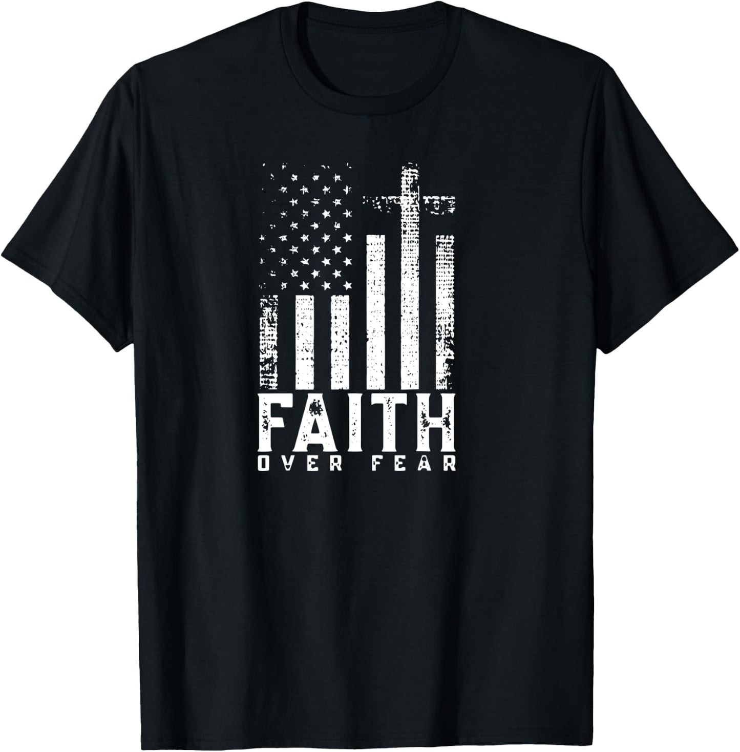 Faith Over Fears Cool Christian Cross American USA Flag Gym T-Shirt - T-Shirt | Black