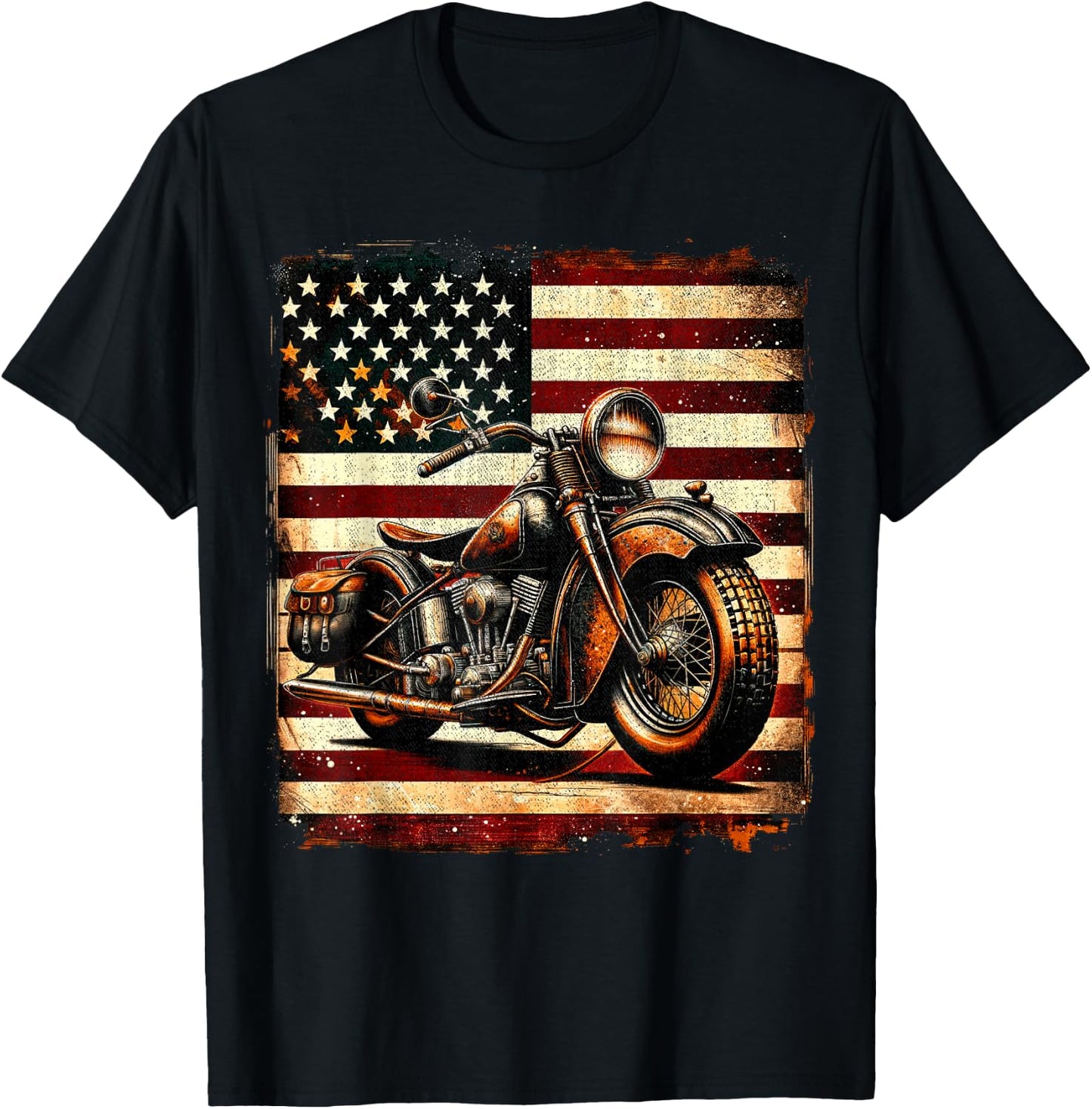 Motorcycle USA Flag Retro Biker Vintage Distressed T-Shirt - T-Shirt | Black