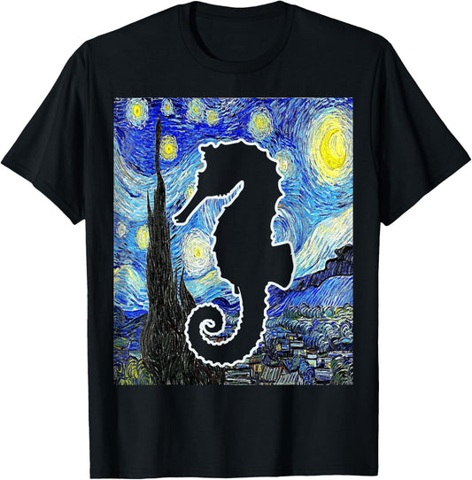 Seahorse Starry Night Seahorse Lover Aquarist Painting T-Shirt - T-Shirt | Black