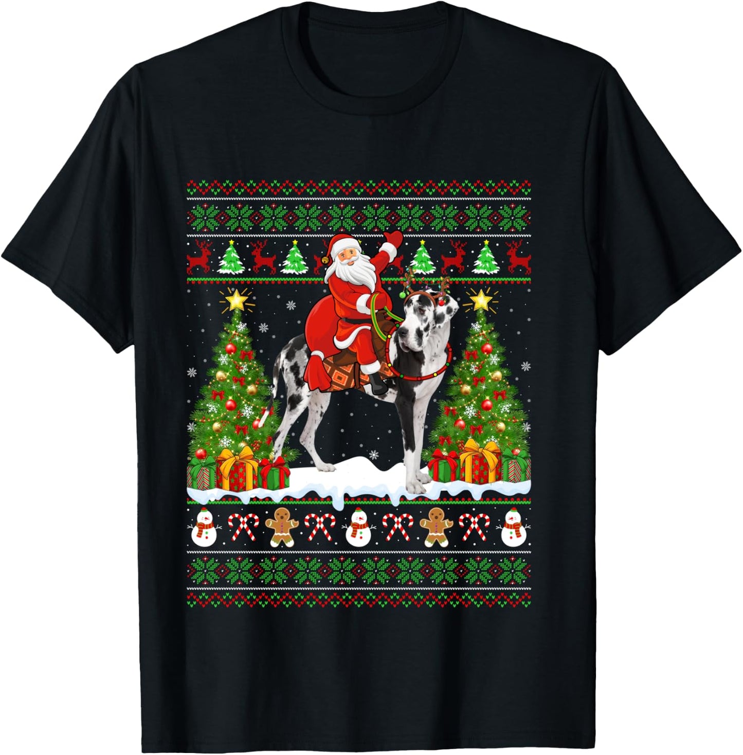 Xmas Sweater Ugly Santa Riding Great Dane Dog Christmas T-Shirt - T-Shirt | Black