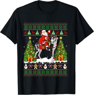 Xmas Sweater Ugly Santa Riding Great Dane Dog Christmas T-Shirt - T-Shirt | Black