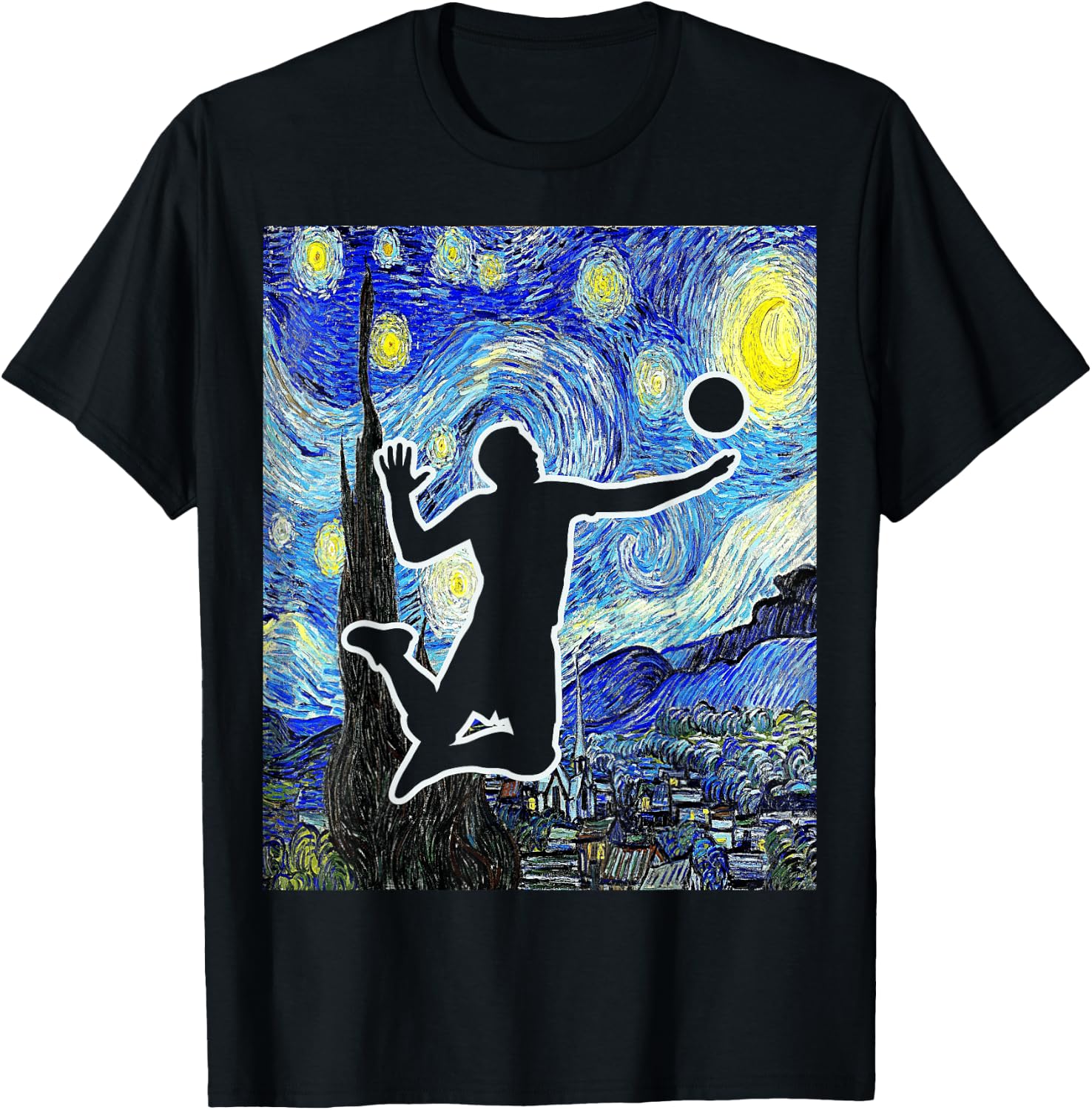 Volleyball Starry Night Volleyball Player Van Gogh Painting T-Shirt - T-Shirt | Black