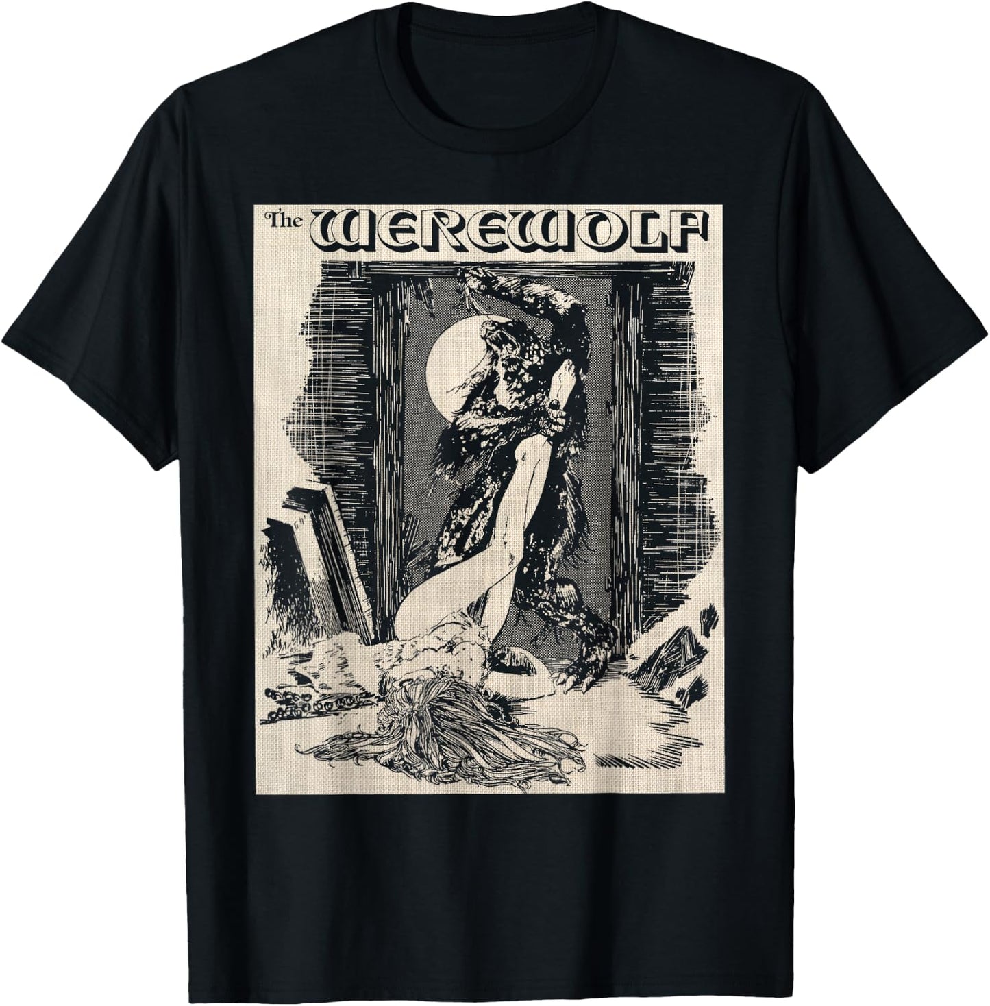 Man Wolf Werewolf Monster Horror Art Sexy Blonde Pin Up Girl T-Shirt - T-Shirt | Black