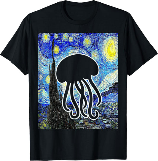 Jellyfish Starry Night Van Gogh Oceanology Jellyfish Lover T-Shirt - T-Shirt | Black