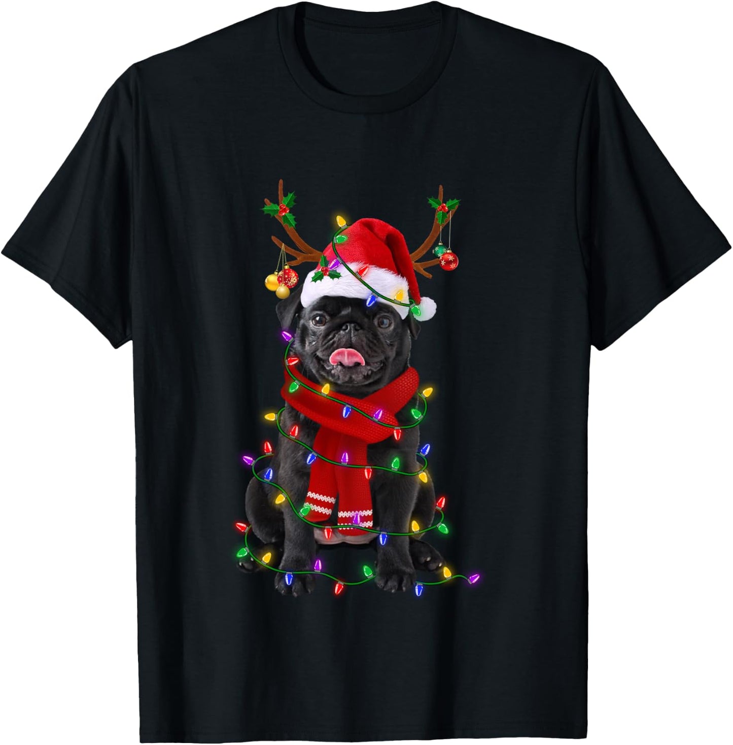 Black Pug Dog Tree Christmas Lights Xmas Pajama T-Shirt - T-Shirt | Black