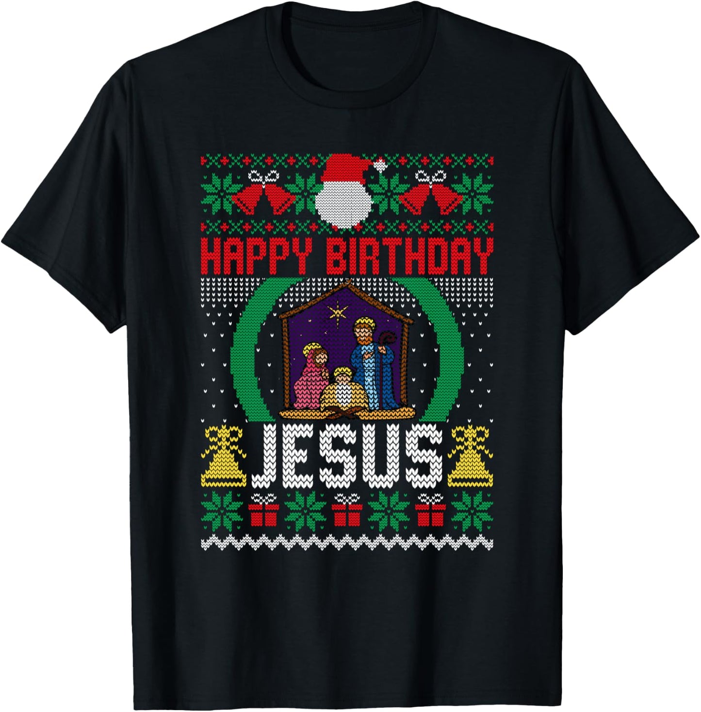 Funny Ugly Christmas Sweaters Happy Birthday Jesus Christian T-Shirt - T-Shirt | Black