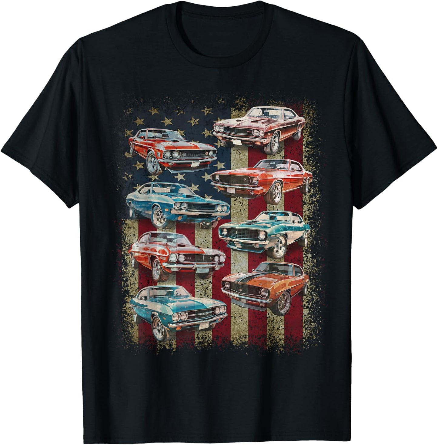 Classic Muscle Car Retro American Flag Patriotic Vintage T-Shirt - T-Shirt | Black
