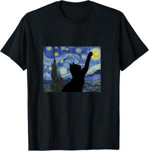 Starry Night Van Gogh Painting Funny Cat Lovers Gift T-Shirt - T-Shirt | Black