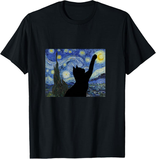 Starry Night Van Gogh Painting Funny Cat Lovers Gift T-Shirt - T-Shirt | Black