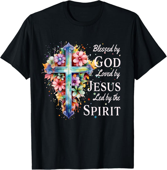 Blessed by God Loved by Jesus Floral Cross Christian T-Shirt - T-Shirt | Black